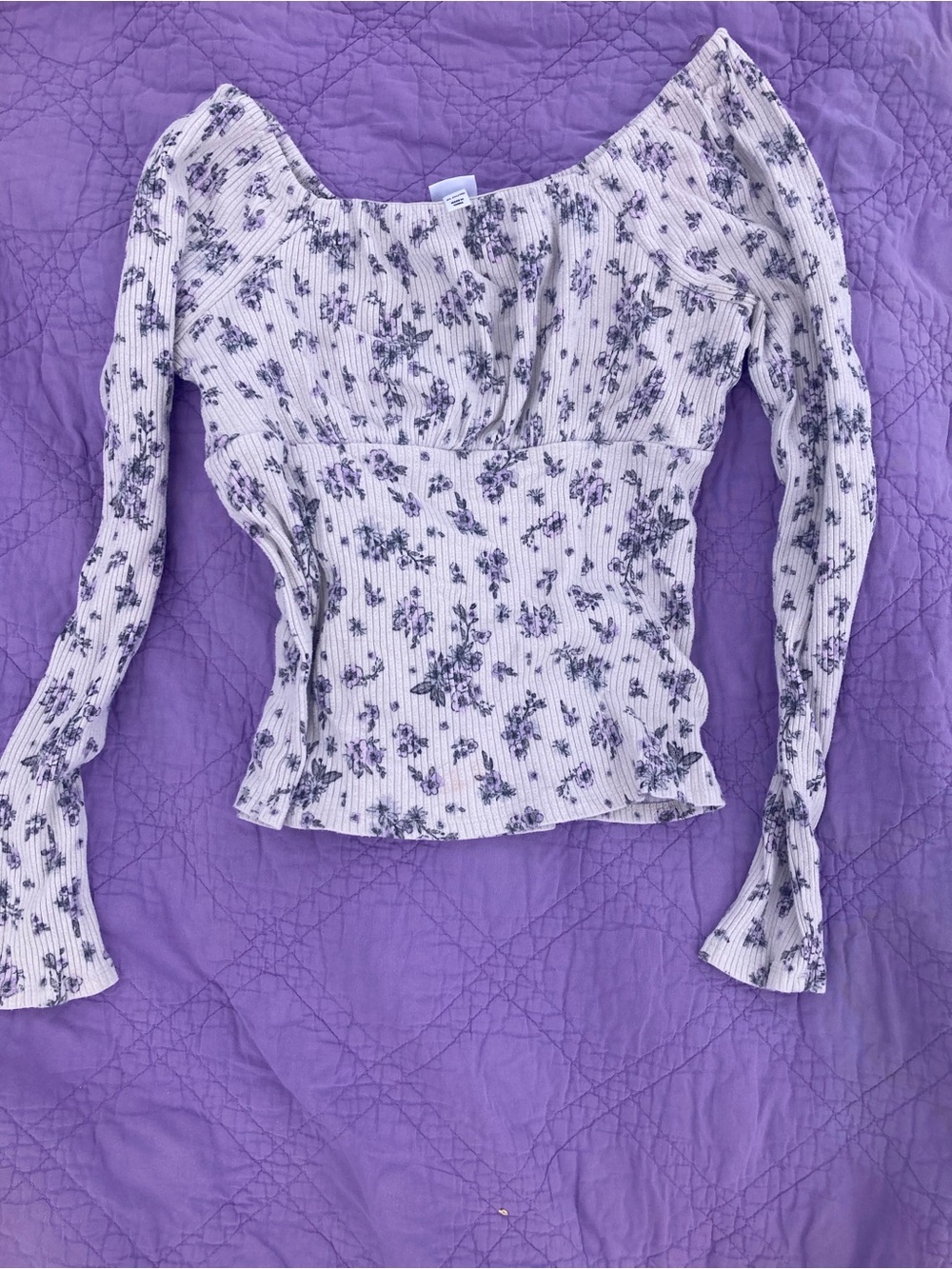 Lavender Floral Ribbed Long Sleeve Top